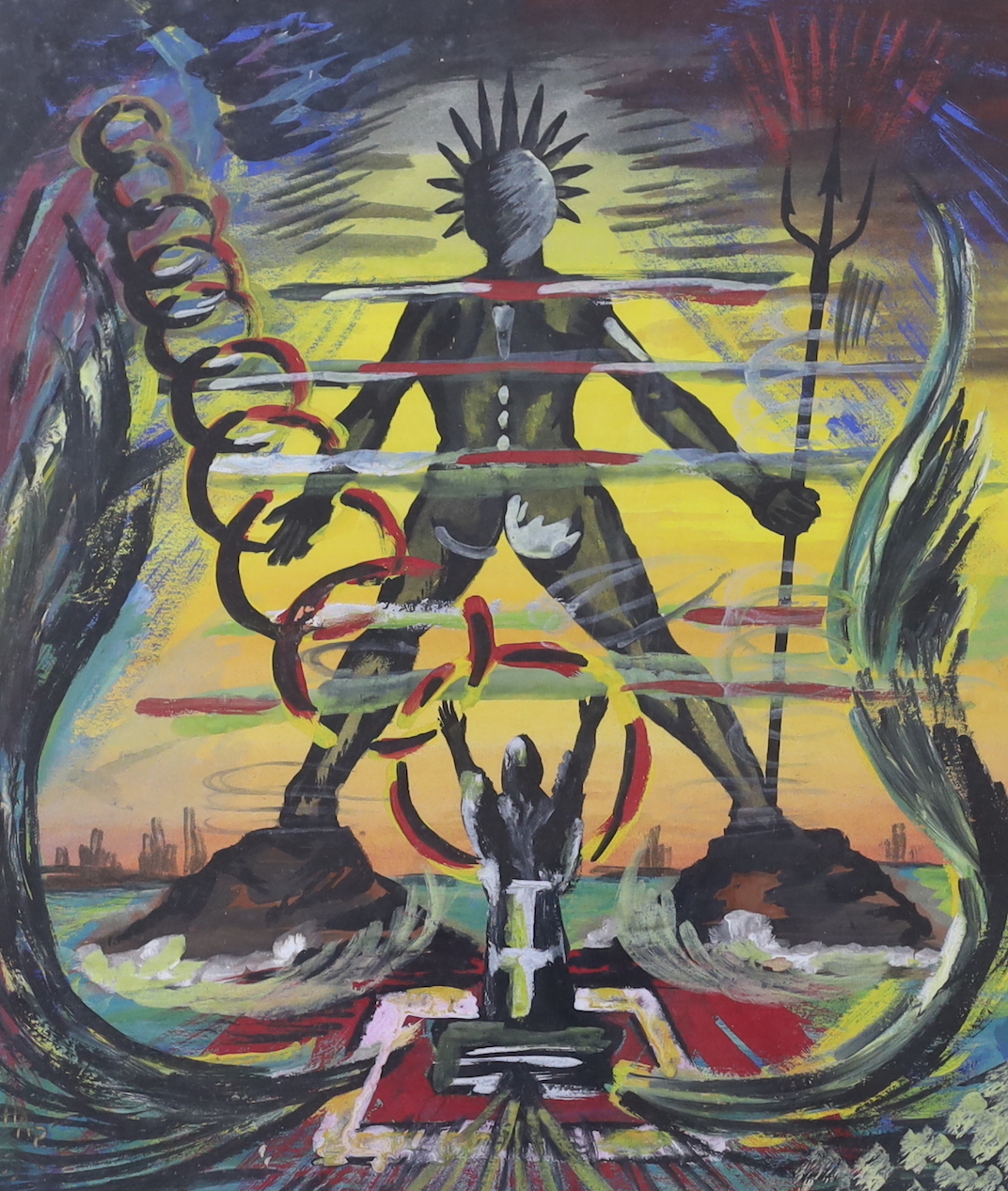 Helmut Andreas Paul Grieshaber (1907-1981), gouache on paper, Figure praying the Colossus of Rhodes, signed, 37 x 31.5cm